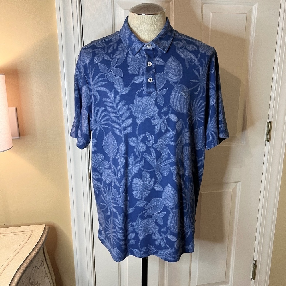 EUC Mens Tommy Bahama Blue Tonal Floral Polo Style S/S Camp Shirt Size XL